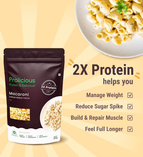 Prolicious macaroni pasta with 2x Protein help you manage weight, reduce sugar spikes and so much more..