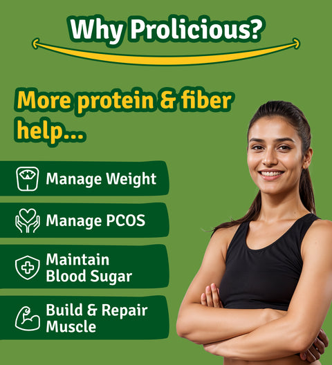 More protein and fiber help you to manange weight, manage PCOS, maintain blood sugar, build & repair muscle.