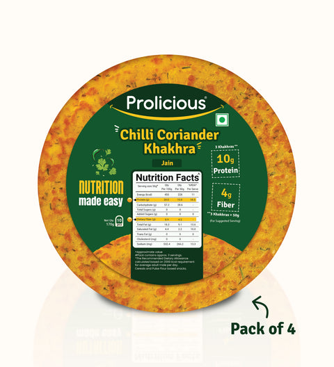 Prolicious Chilli Coriander Khakhra (Pack of 4) with 10g Protein & 4g Fiber. 