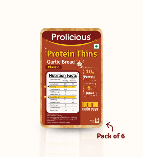 Prolicious High Protein & High Fiber Garlic Bread Thins - Pack of 6