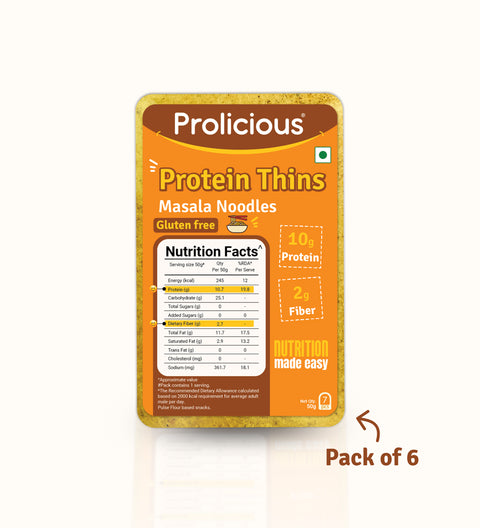 gluten-free snack that is truly yum! Prolicious Gluten Free Protein Thins Combo has more protein & more fiber than regular chips & biscuits making them great for everyone.  This combo includes Peri Peri, Masala Noodle & Desi Masala Thins. 