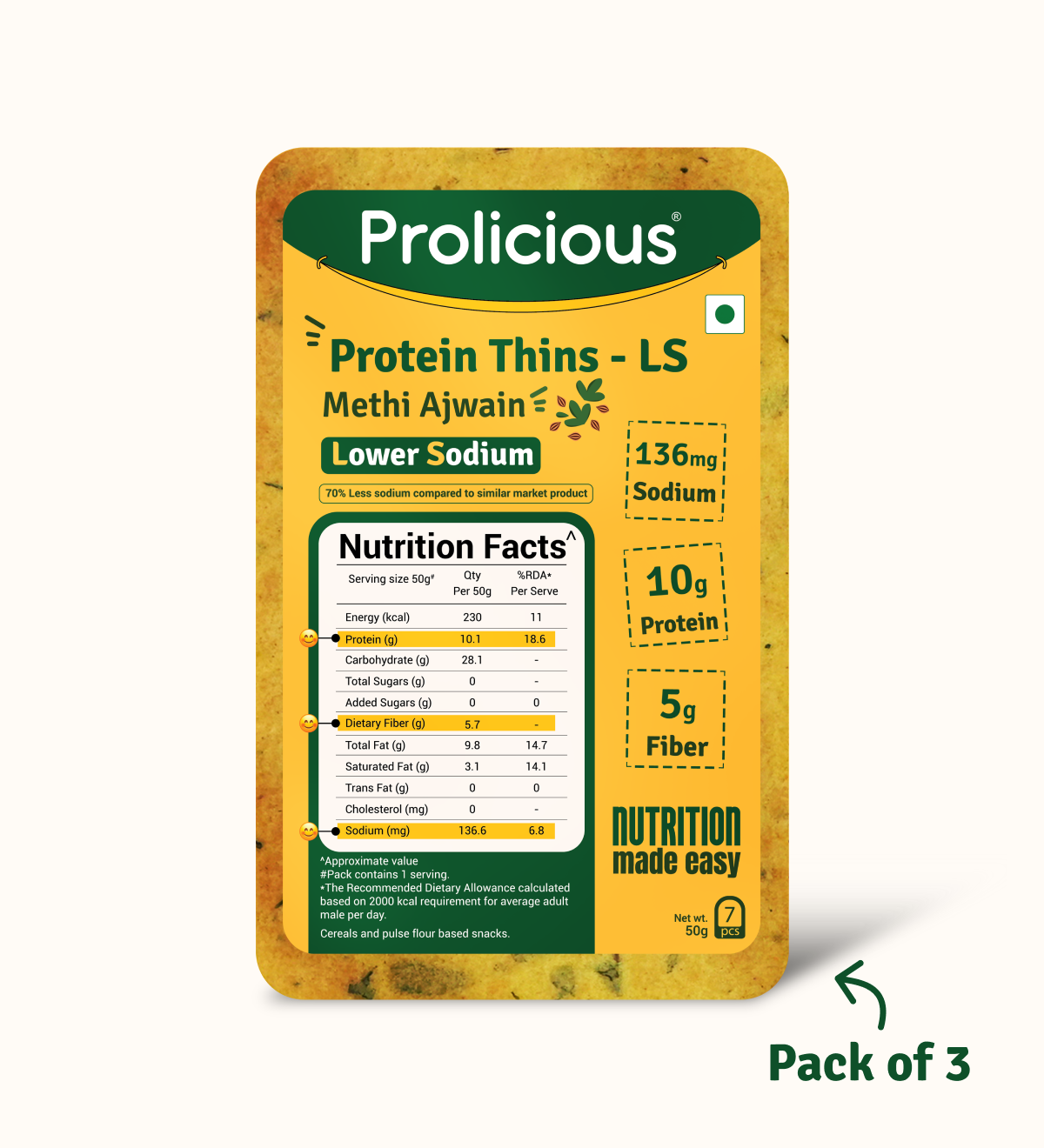 prolicious methi ajwain lower sodium thins pack of 3