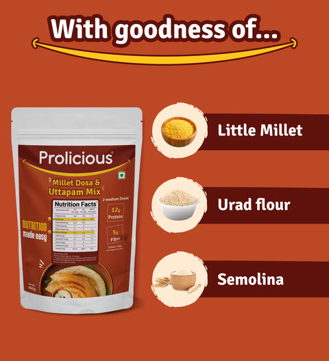 Prolicious Millet Dosa & Uttappam Mix are made with Little Millet, Urad Flour, Semolina and other kitchen ingredients